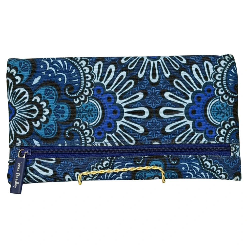 Vera Bradley Blue Paisley Double Sided Pencil Pouch Travel Makeup Bag Canvas